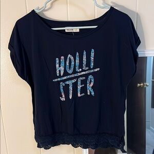 Hollister Navy Tee with Lace Hem